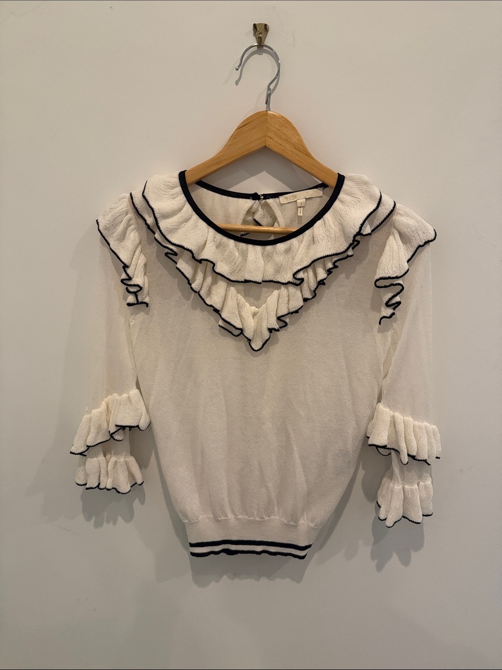Maje White Knit Top with Black Trim